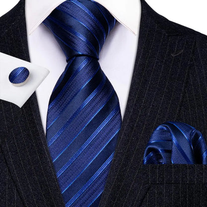 Barry Wang Jacquard Striped Silk Men's Tie Pocket Square Cufflinks Set