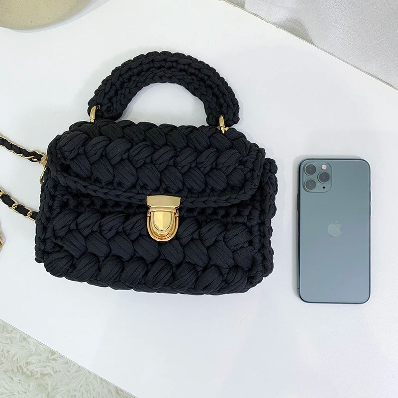 Woven Cotton Chain Crossbody Handbag