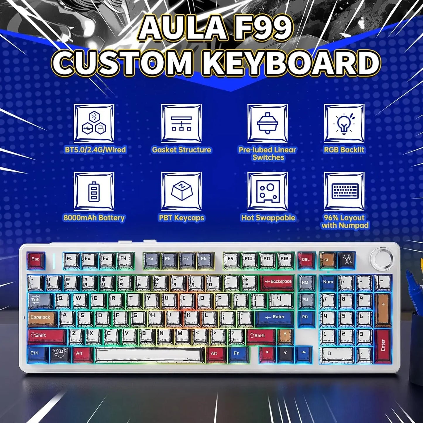 RGB Hot-Swappable Gaming Keyboard with PBT Comic Keycaps