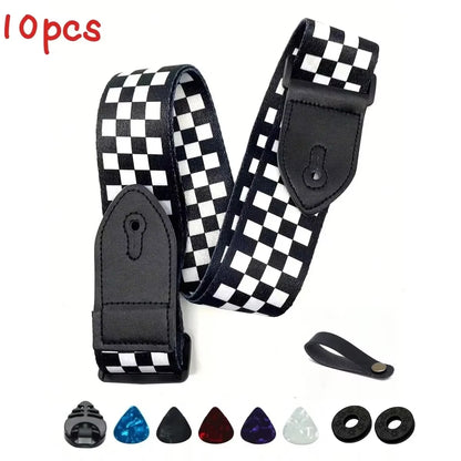7Pcs/Set Guitar Strap Black PU Leather + Cotton