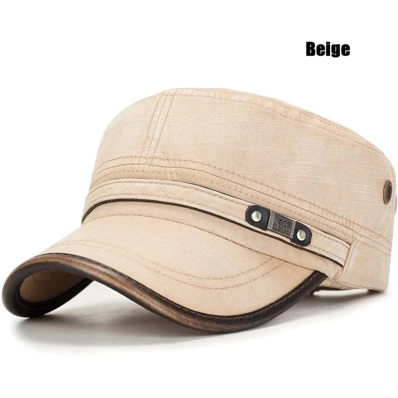 Washed Cotton Military Flat Cap with Leather Brim