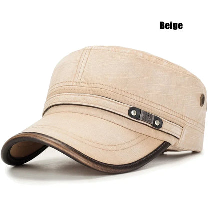 Washed Cotton Military Flat Cap with Leather Brim