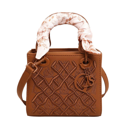 Embroidered Top Handle Crossbody Bag with Scarf