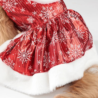 Christmas Dog Dress with Bow & Faux Fur Trim