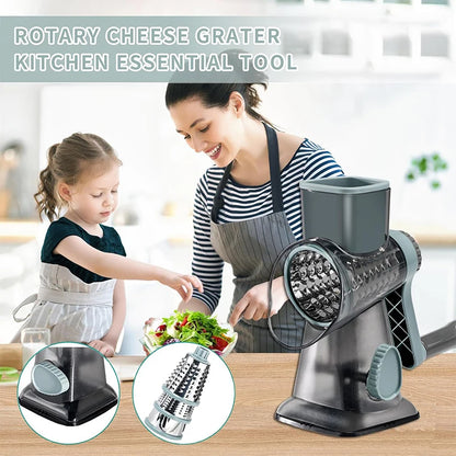 3-in-1 Rotary Cheese Grater & Vegetable Slicer with Stainless Steel Blades