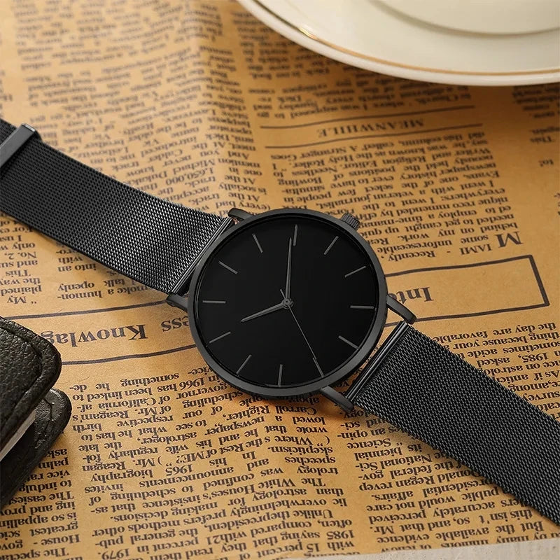 TVK Men's Ultra Thin Black Stainless Steel Quartz Watch