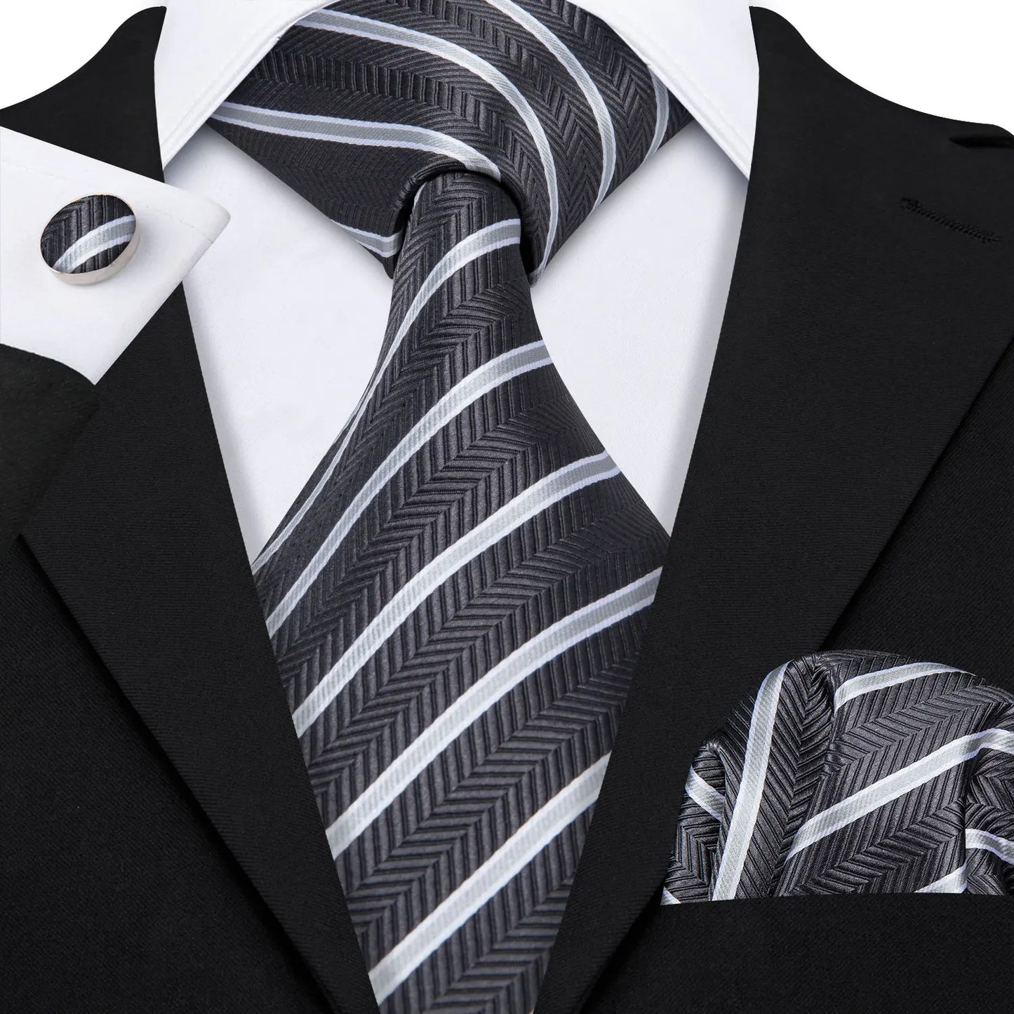 Barry Wang Jacquard Striped Silk Men's Tie Pocket Square Cufflinks Set