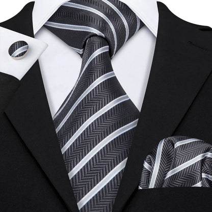 Barry Wang Jacquard Striped Silk Men's Tie Pocket Square Cufflinks Set