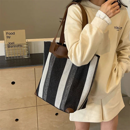 Striped Canvas Shoulder Tote Bag