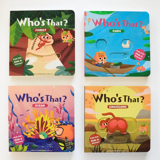 Who’s That? Push-Pull-Slide Animal Board Books – 4 Book Set