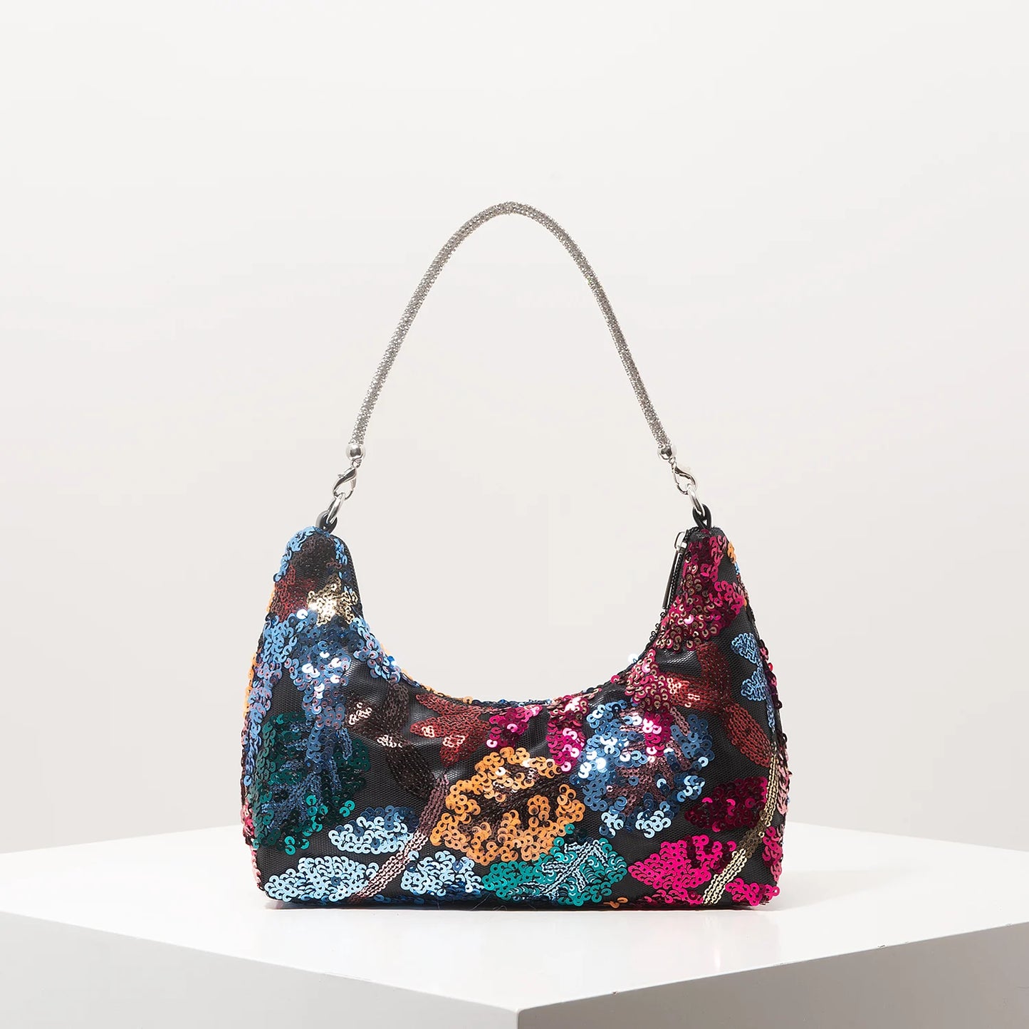 Floral Embroidered Sequin Shoulder Bag