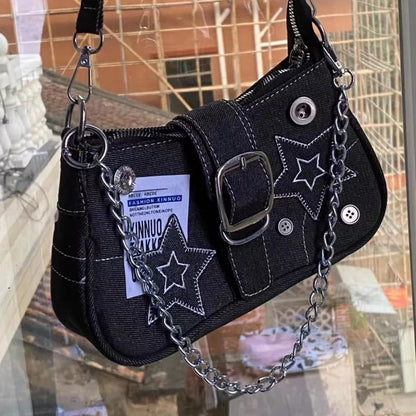 Denim Canvas Shoulder Bag with Chain Strap