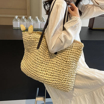 Large Woven Straw Beach Tote Bag