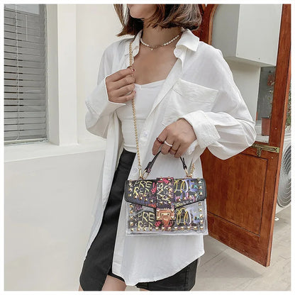 Studded Graffiti Crossbody Satchel Bag