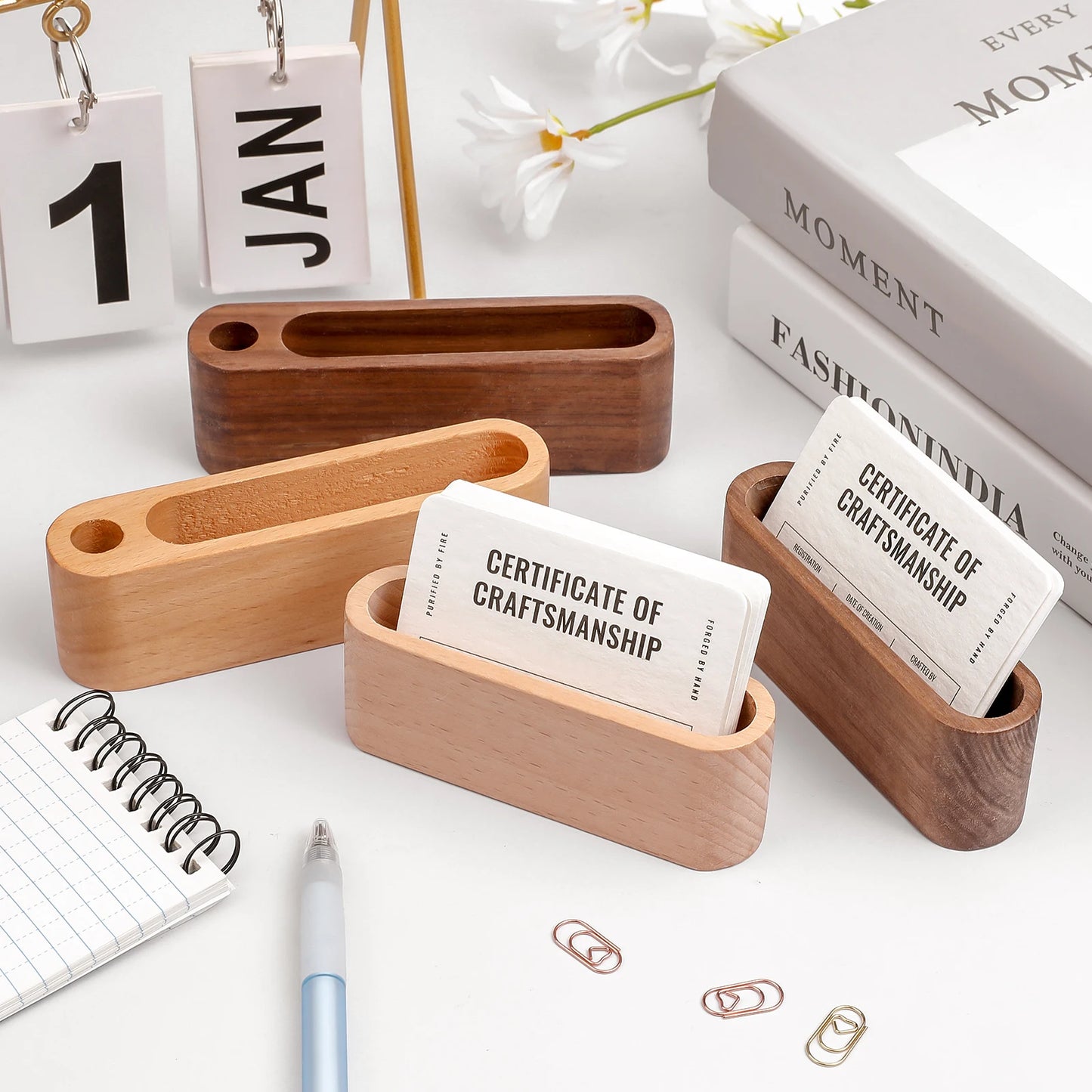 Wooden Business Card Holder Desk Organizer with Pen Slot