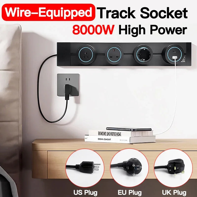 Wall Power Track Socket – USB Type-C Charging & Multi-Plug Outlet