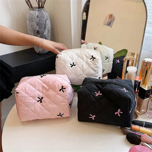 Embroidered Bow Makeup Bag for Women