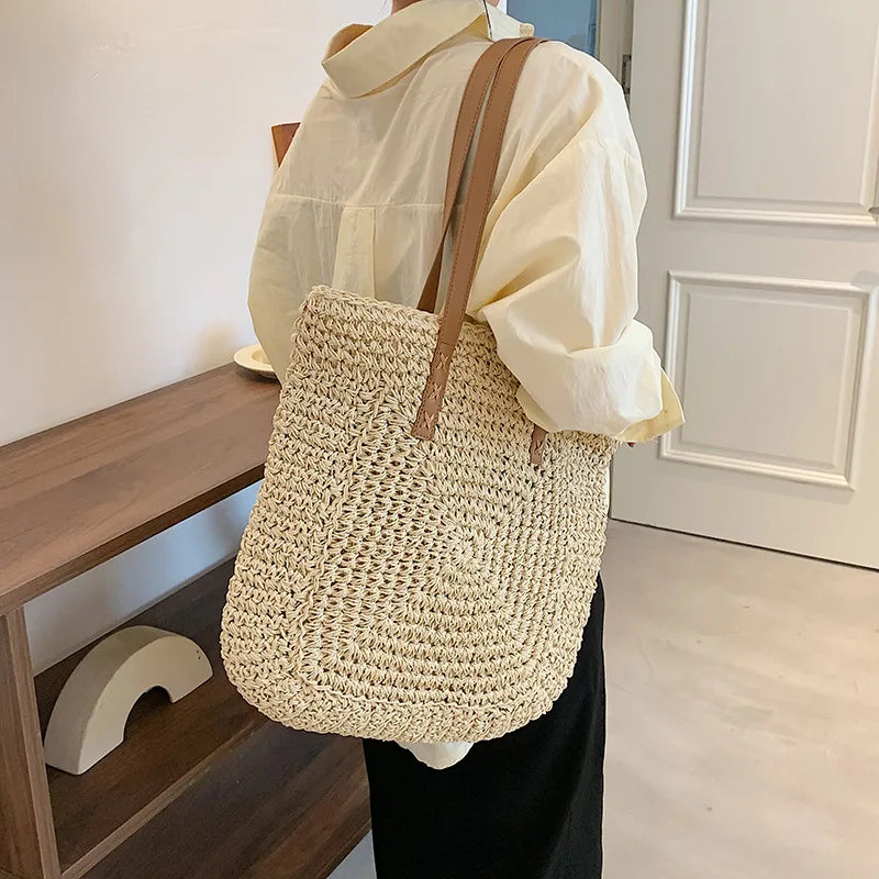 Handmade Woven Straw Beach Tote Bag