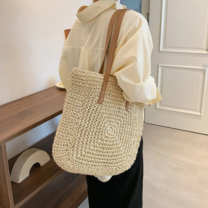 Handmade Woven Straw Beach Tote Bag