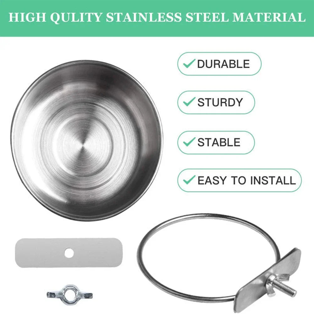 Stainless Steel Clamp-On Pet Feeding Bowl for Birds & Small Animals
