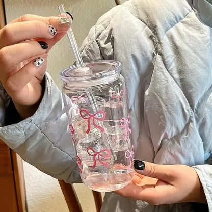 Butterfly Bow Glass Tumbler with Straw & Leakproof Lid