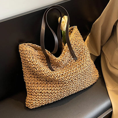 Large Woven Straw Beach Tote Bag