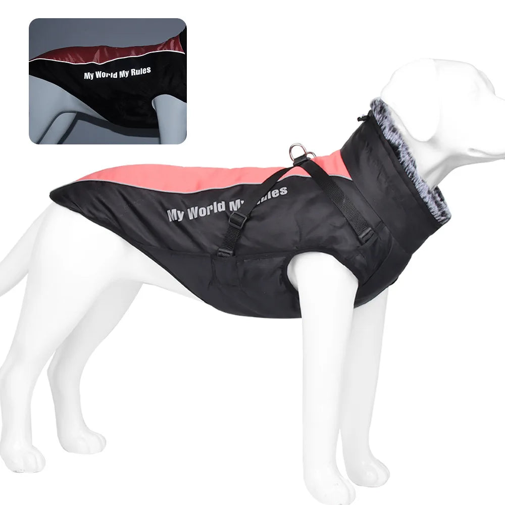 Reflective Winter Dog Coat with Faux Fur Collar for Large Dogs