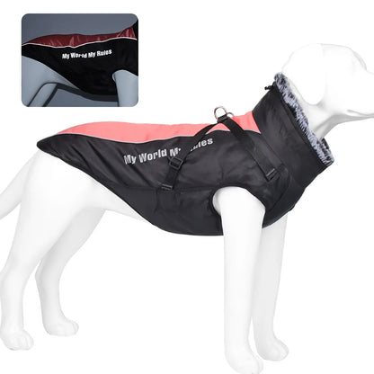 Reflective Winter Dog Coat with Faux Fur Collar for Large Dogs