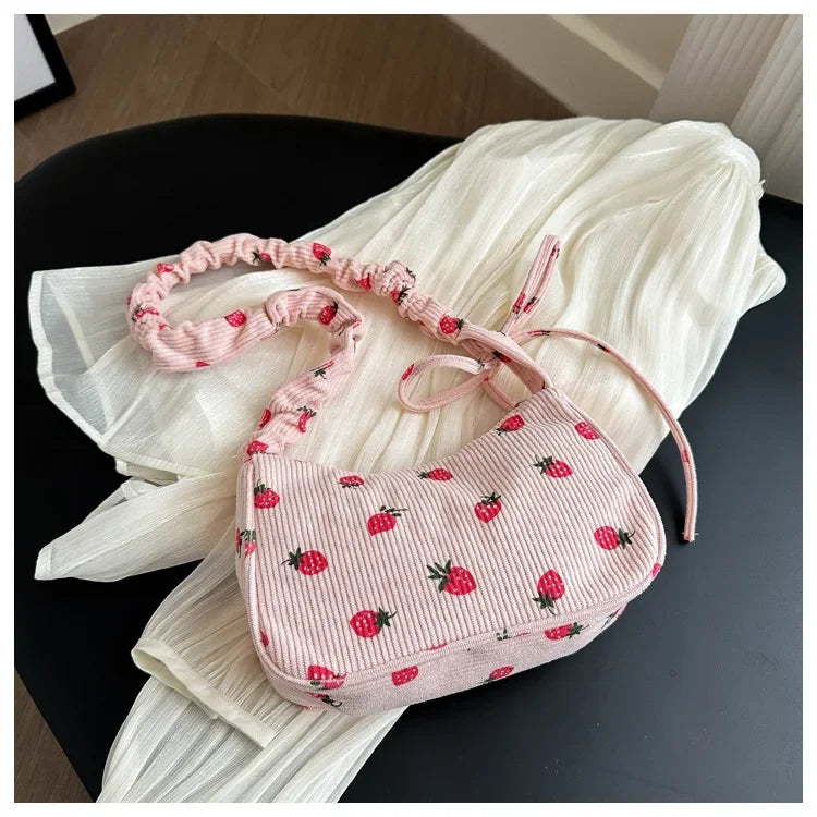 Strawberry Print Corduroy Mini Shoulder Bag