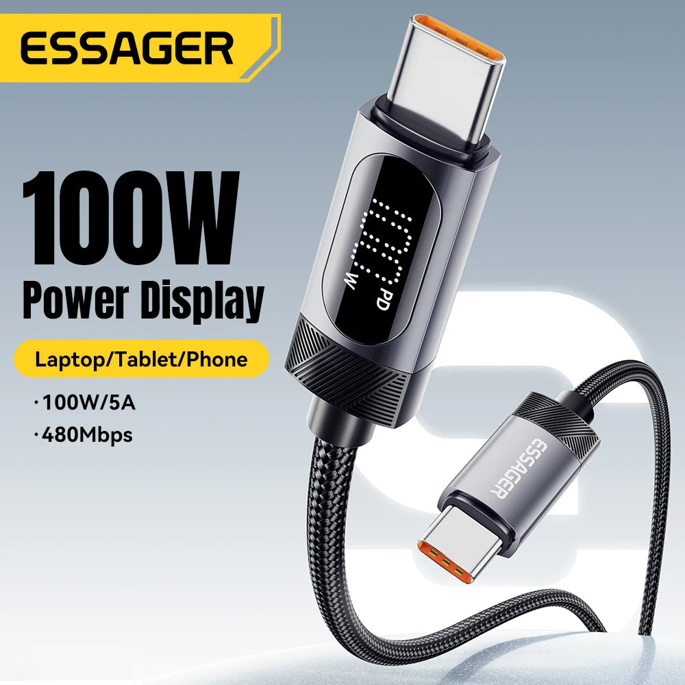 Essager Braided USB-C PD Charging Cable – 100W with Digital Display