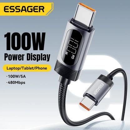 Essager Braided USB-C PD Charging Cable – 100W with Digital Display