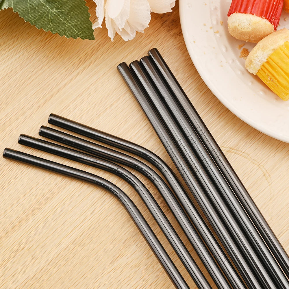 Reusable 304 Stainless Steel Metal Drinking Straws Set with Cleaning Brush