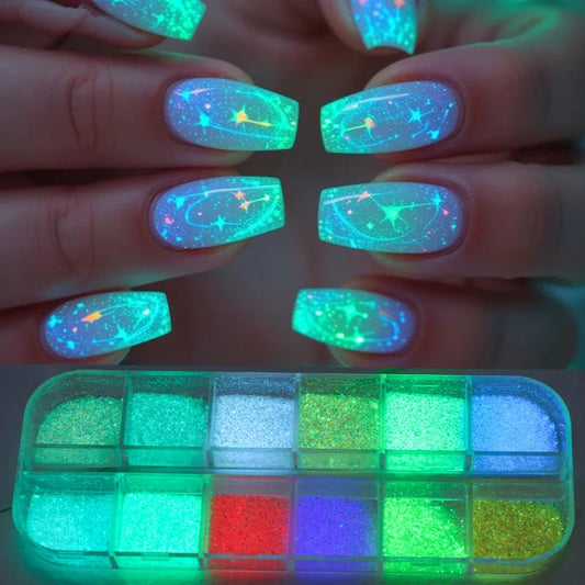 12 Grid Glow Nail Art Glitter Powder