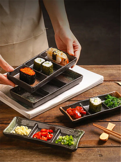 Japanese 3-Compartment Ceramic Sauce & Sushi Dish