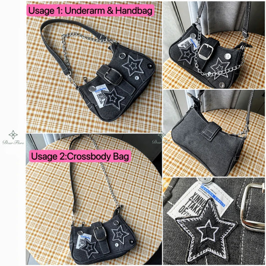 Denim Canvas Shoulder Bag with Chain Strap