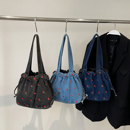 Embroidered Denim Drawstring Shoulder Tote Bag