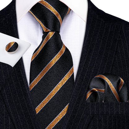 Barry Wang Jacquard Striped Silk Men's Tie Pocket Square Cufflinks Set
