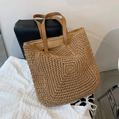 Handmade Woven Straw Beach Tote Bag