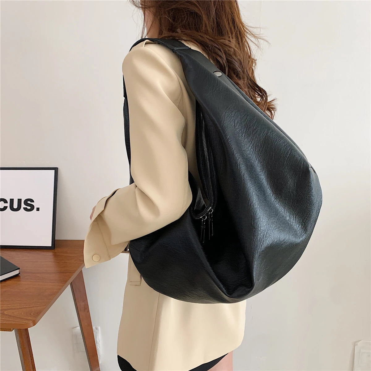 Large Hobo Shoulder Bag – Soft PU Leather Tote Handbag