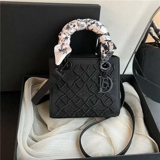 Embroidered Top Handle Crossbody Bag with Scarf