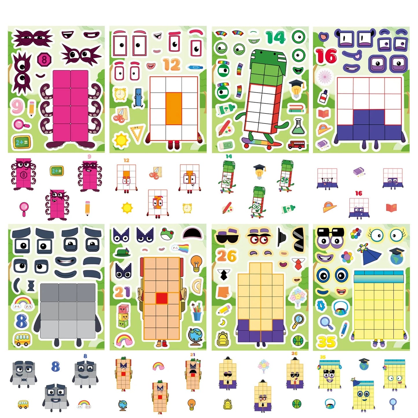 Cartoon Number Building Puzzle Sticker Set
