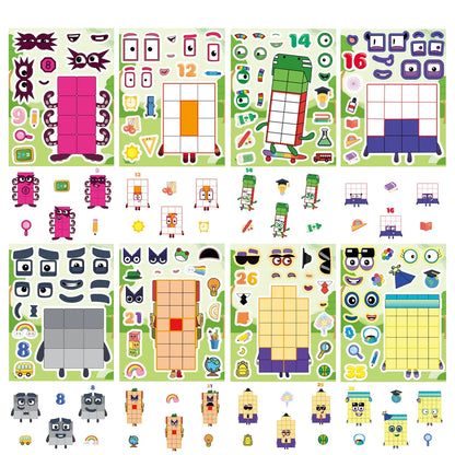 Cartoon Number Building Puzzle Sticker Set
