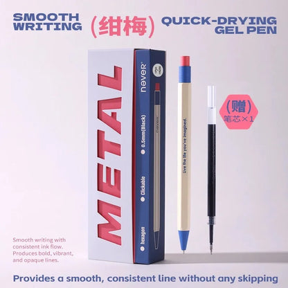Never Hexagonal Bar Metal Retractable Gel Pen 0.5mm Quick-Drying & Weighted Black Signature Pen Aesthetic Stationery Gift