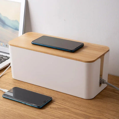 Wooden Cable Storage Box Power Strip Organizer