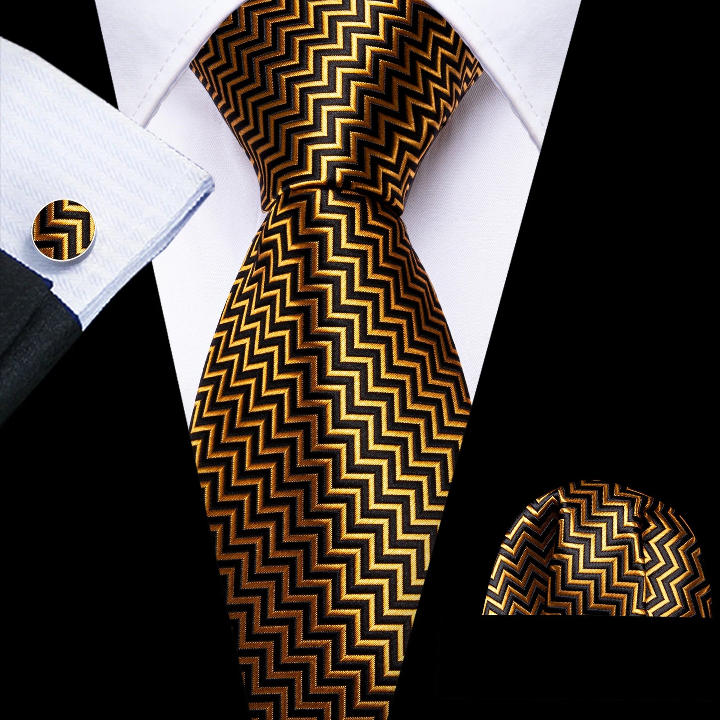 Barry Wang Jacquard Striped Silk Men's Tie Pocket Square Cufflinks Set