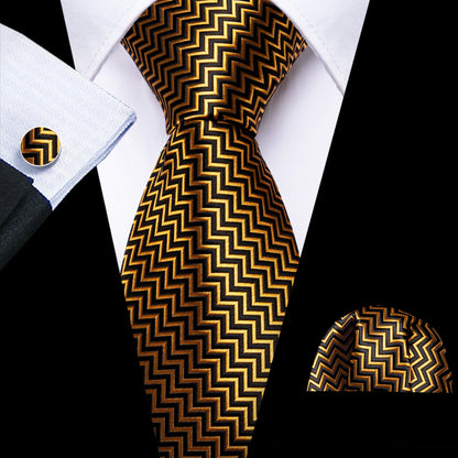 Barry Wang Jacquard Striped Silk Men's Tie Pocket Square Cufflinks Set