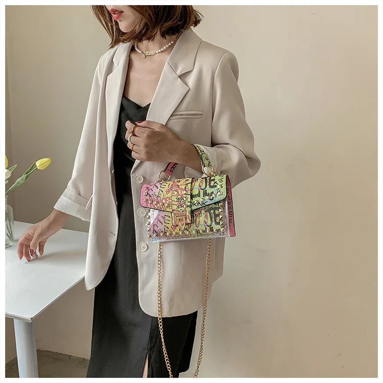 Studded Graffiti Crossbody Satchel Bag