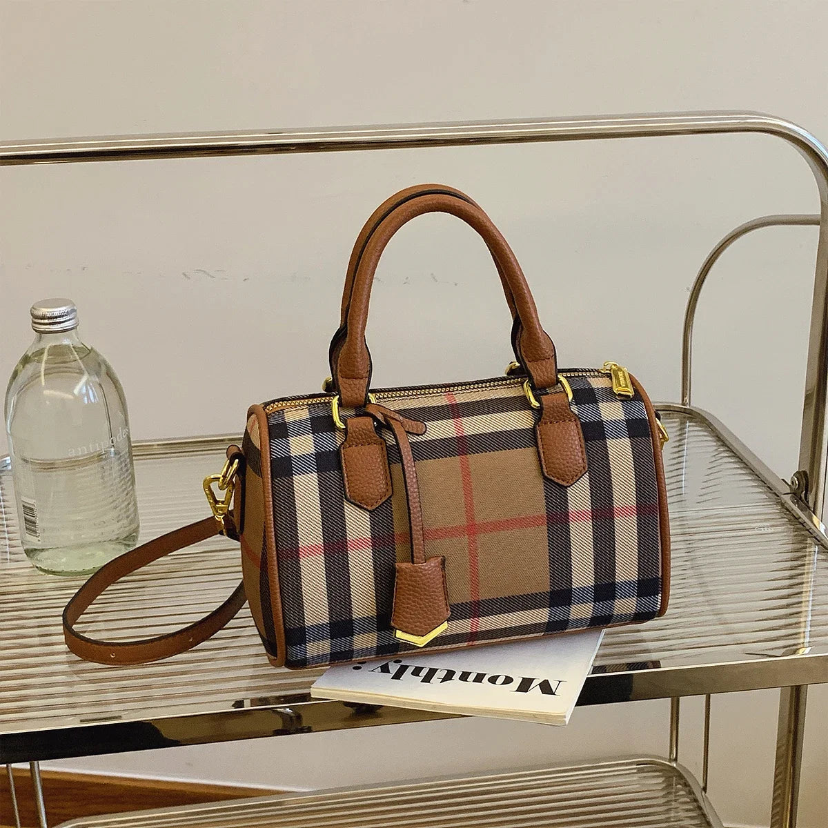 Classic Plaid PU Leather Crossbody Tote Bag