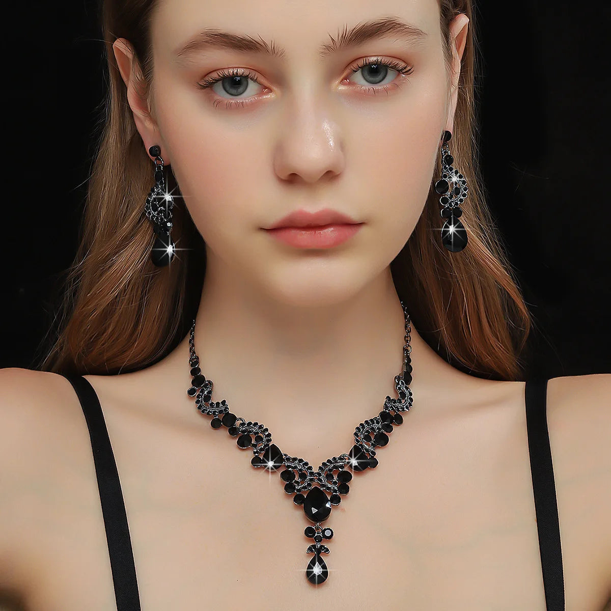 Black Water Drop Crystal Necklace & Earring Set