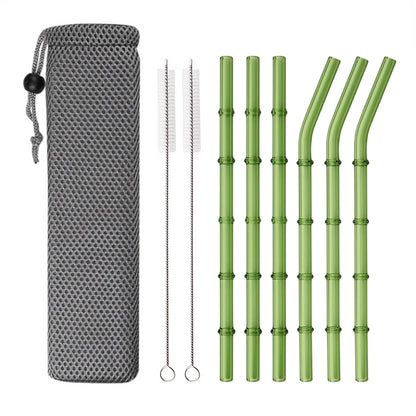Bamboo Shaped Glass Drinking Straw Set